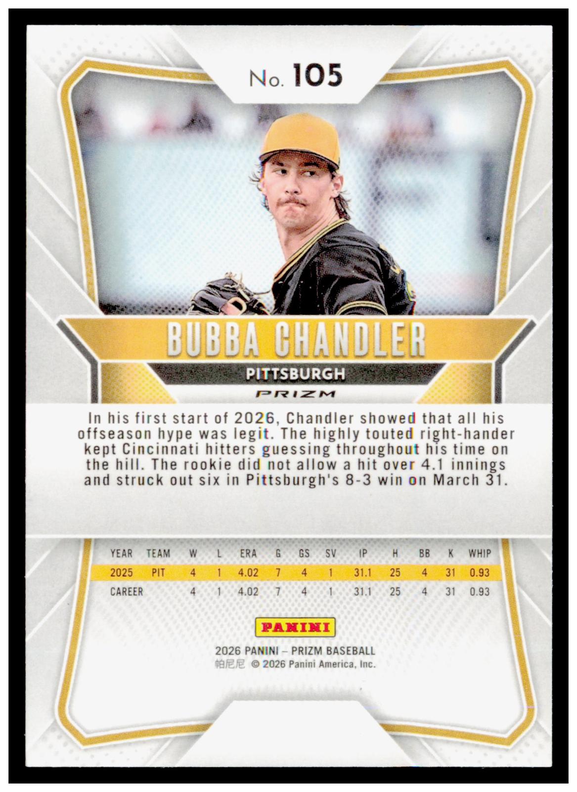 2026 Panini Prizm Bubba Chandler Card Blue Ice Prizm Pittsburgh Pirates