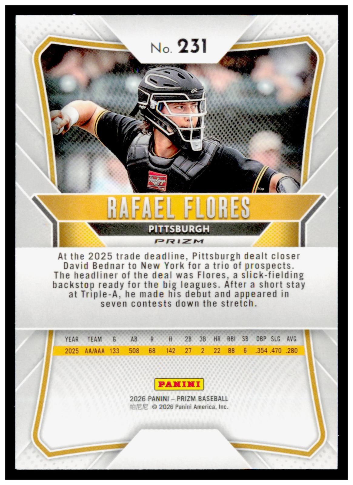 2026 Panini Prizm Rafael Flores Card Blue Ice Prizm Pittsburgh Pirates