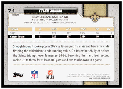2026 Topps Holiday Football Tyler Shough Blue  Glitter #71 Saints QB SP