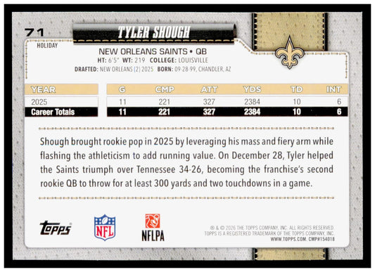 2026 Topps Holiday Football Tyler Shough Blue  Glitter #71 Saints QB SP