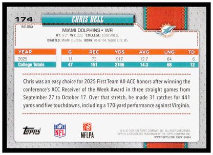 2026 Topps Holiday Football Chris Bell RC Glitter Parallel #174 Dolphins WR