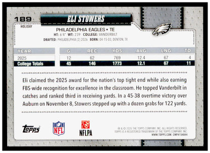 2026 Topps Holiday Football Eli Stowers RC Base Glitter Parallel #189 Eagles TE