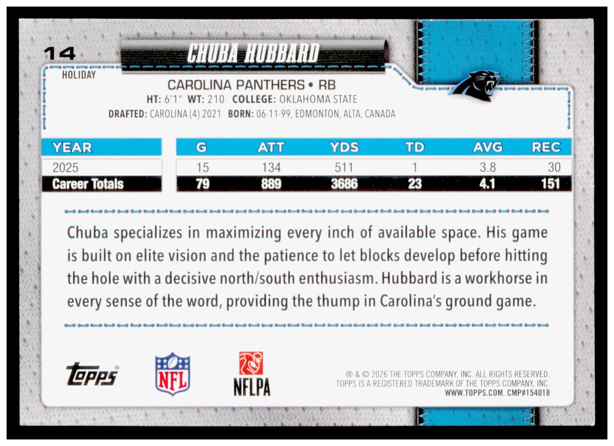 2026 Topps Holiday Football Chuba Hubbard Base Glitter Parallel Panthers #14 RB