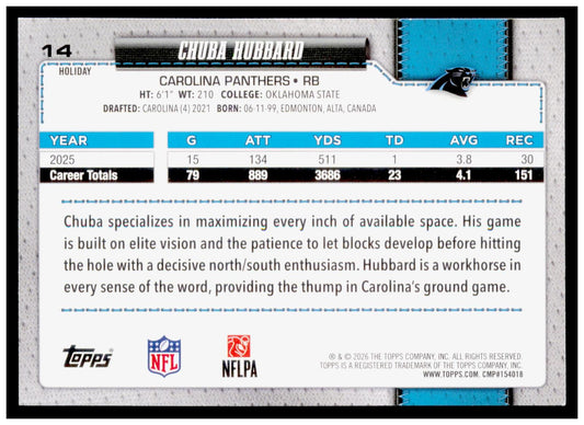 2026 Topps Holiday Football Chuba Hubbard Base Glitter Parallel Panthers #14 RB