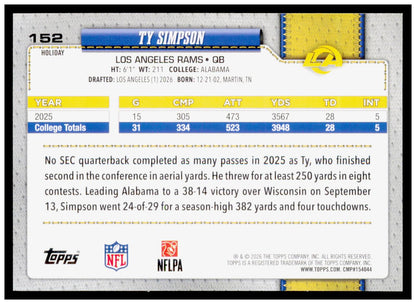 2026 Topps Holiday Football Ty Simpson RC Rams