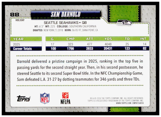 2026 Topps Holiday Football Sam Darnold Base Glitter Parallel #88 Seahawks QB