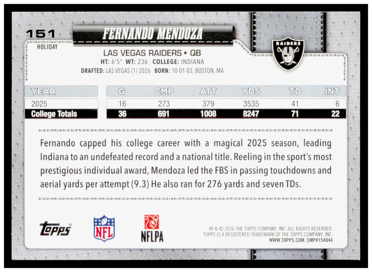 2026 Topps Holiday Football Fernando Mendoza RC