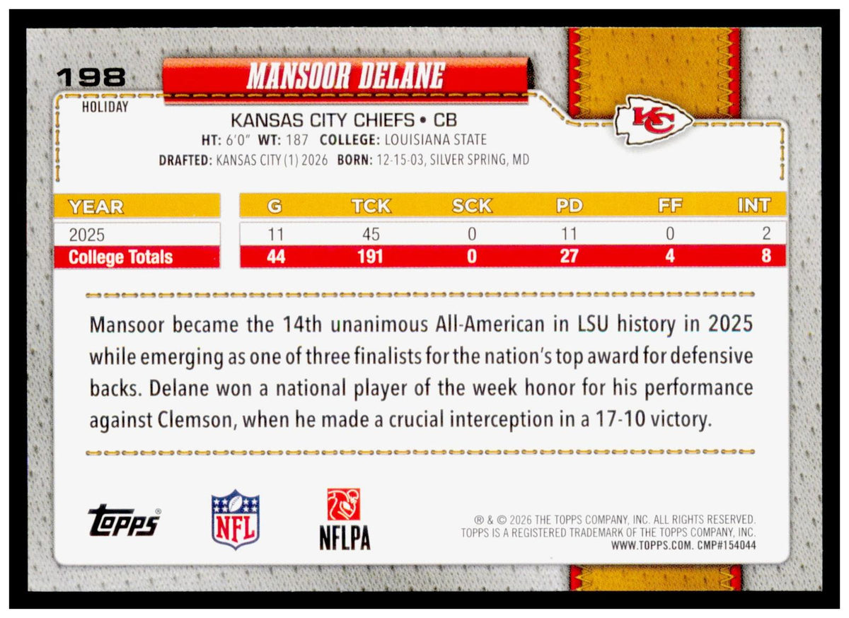 2026 Topps Holiday Football Mansoor Delane RC Base Glitter Parallel #198 Chiefs