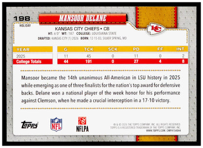 2026 Topps Holiday Football Mansoor Delane RC Base Glitter Parallel #198 Chiefs