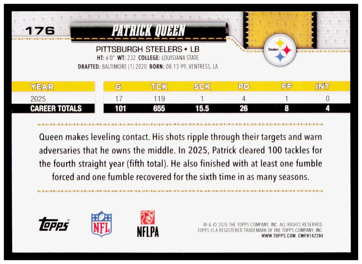 2026 Topps Flagship Patrick Queen Card White & Blue Pittsburgh Steelers