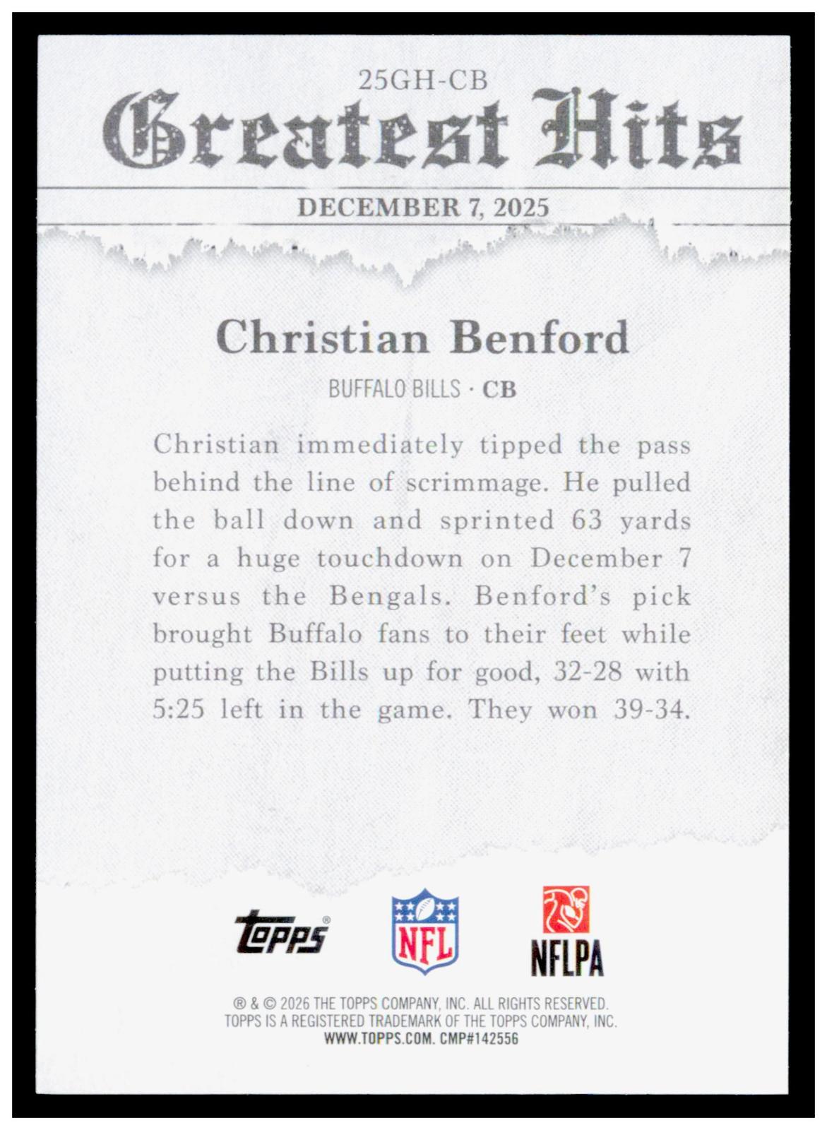 2026 Topps Flagship Christian Benford Card 2025 Greatest Hits Buffalo Bills