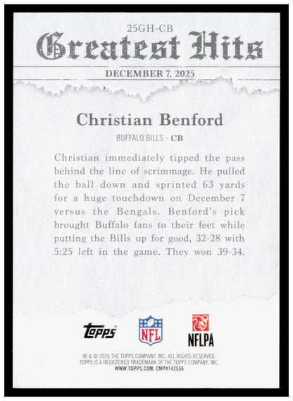 2026 Topps Flagship Christian Benford Card 2025 Greatest Hits Buffalo Bills
