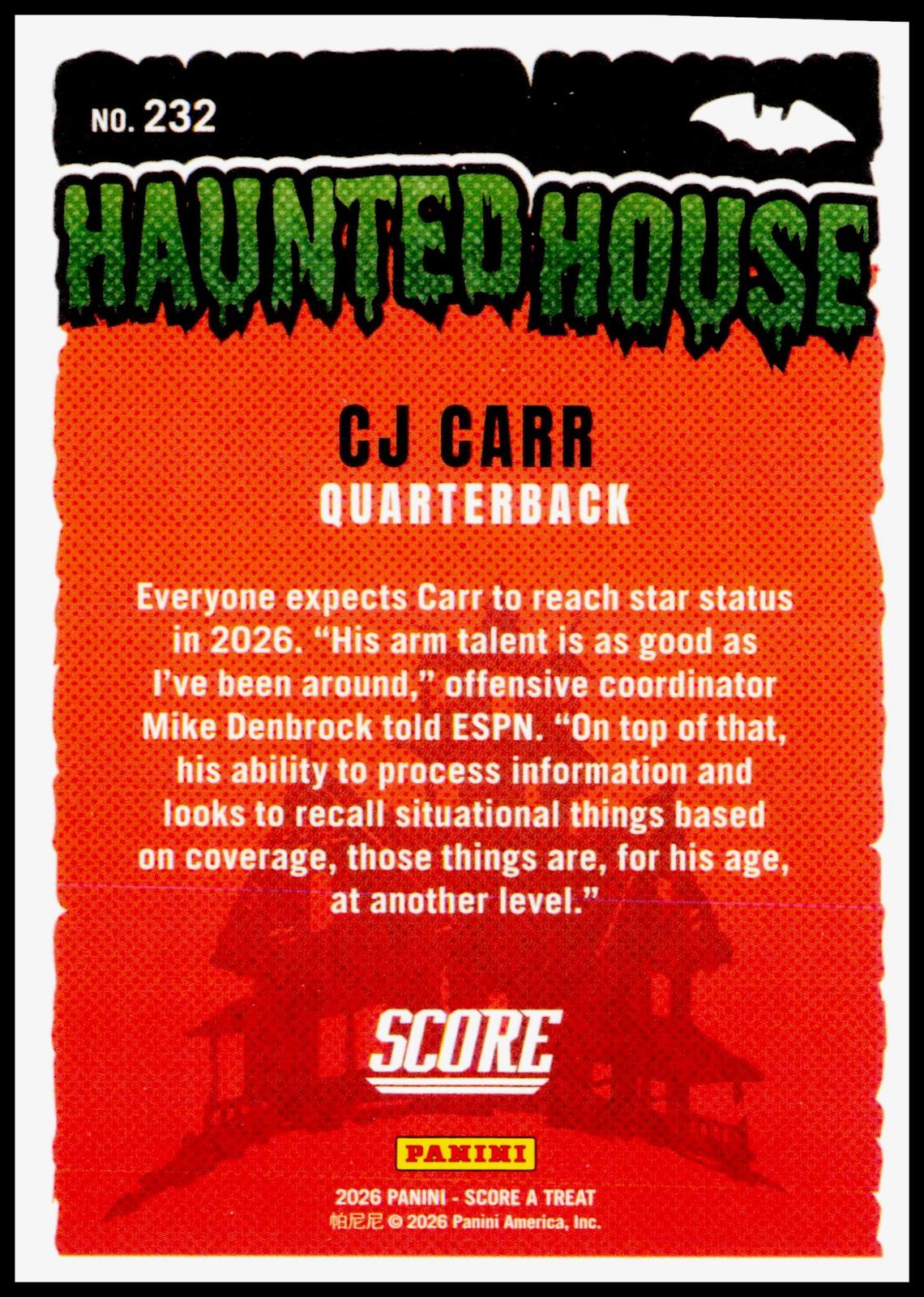 2026 Panini Score A Treat CJ Carr Haunted House Pumpkins Notre Dame QB NIL