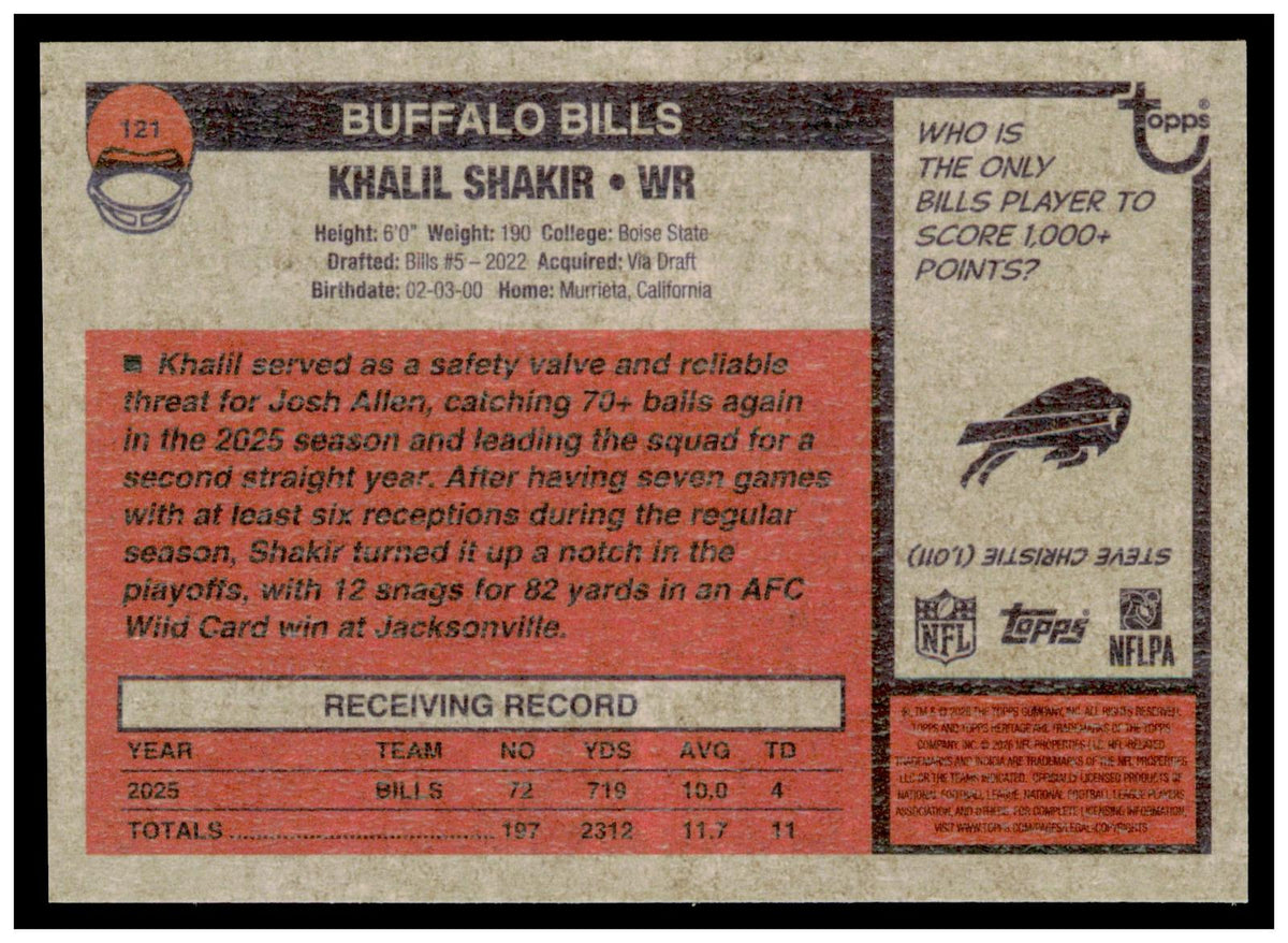 2026 Topps Heritage Football Khalil Shakir #121 Pink Sparkle  Buffalo Bills