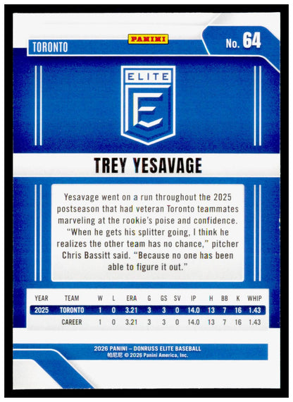 2026 Donruss Elite Trey Yesavage Card Green Disco RC Toronto Blue Jays