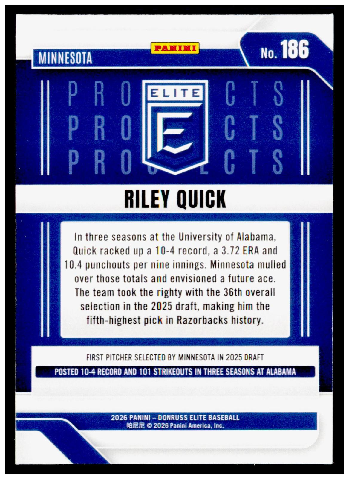 2026 Donruss Elite Riley Quick Card Minnesota Twins
