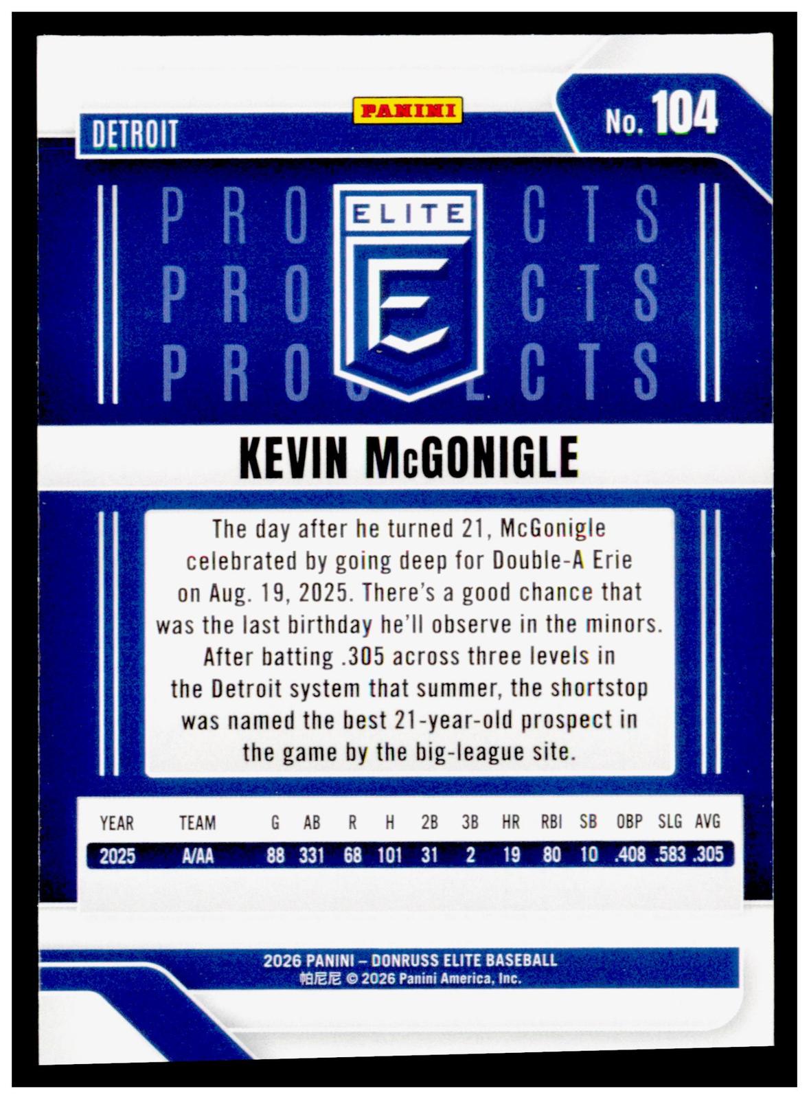 2026 Donruss Elite Kevin McGonigle Card RC Detroit Tigers
