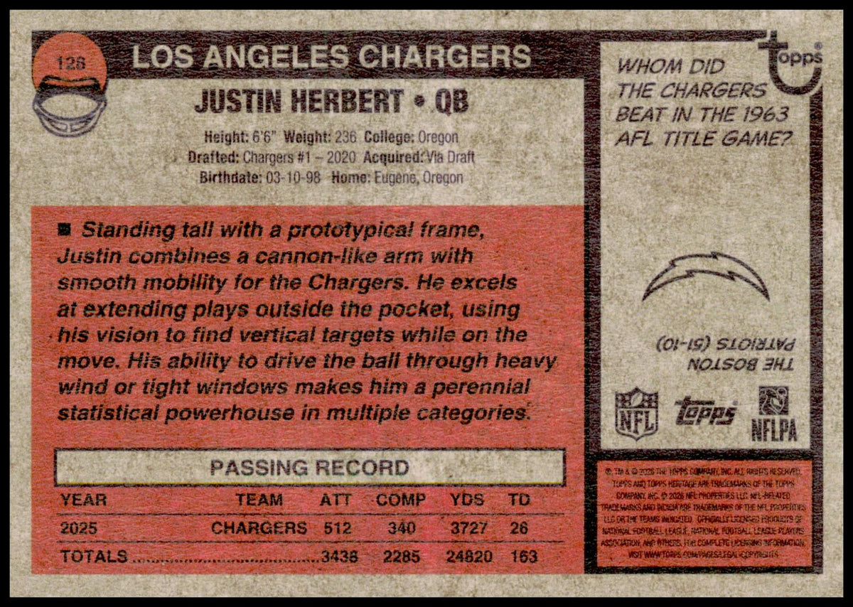 2026 Topps Heritage Justin Herbert Card Los Angeles Chargers