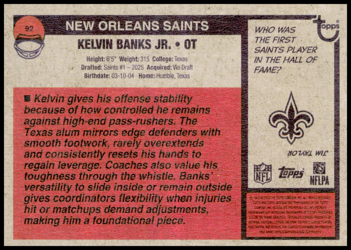2026 Topps Heritage Kelvin Banks Jr. Card New Orleans Saints