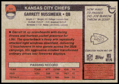 2026 Topps Heritage Garrett Nussmeier Card RC Kansas City Chiefs