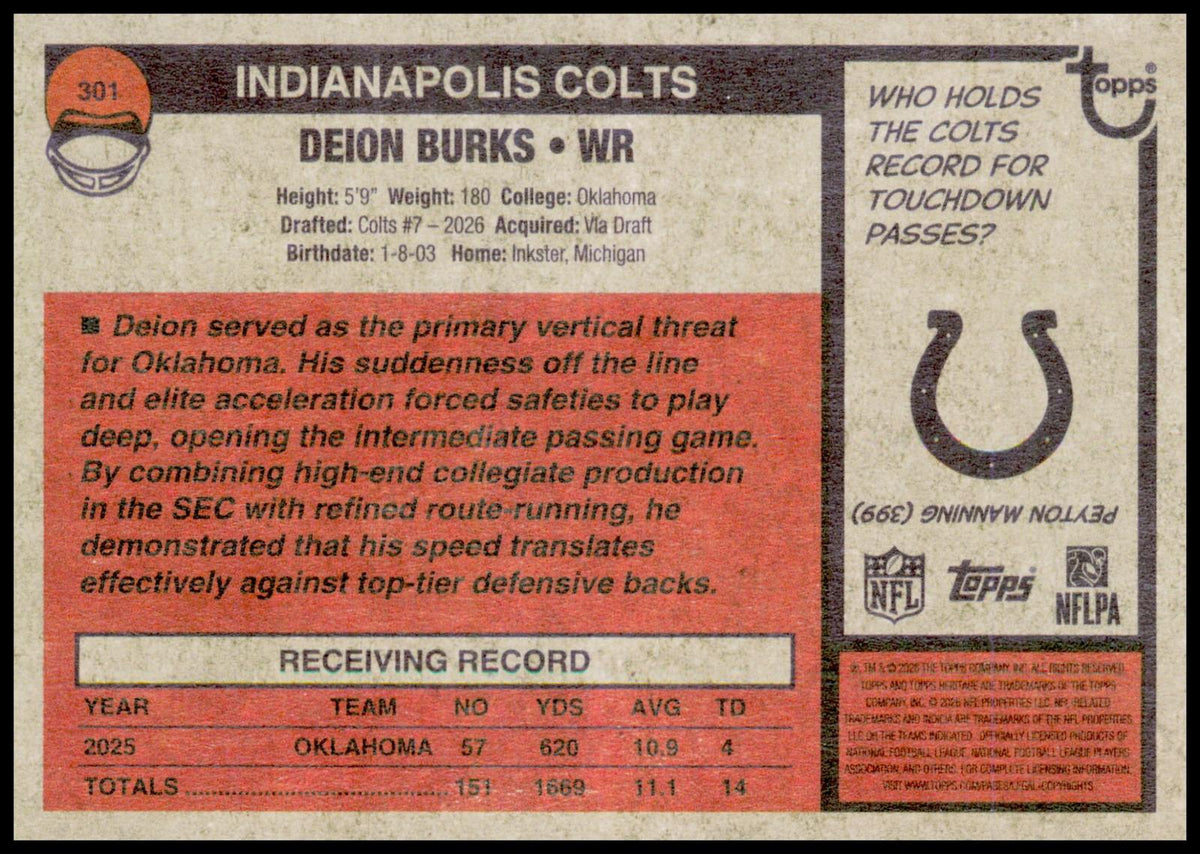 2026 Topps Heritage Deion Burks Card RC Indianapolis Colts