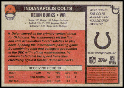 2026 Topps Heritage Deion Burks Card RC Indianapolis Colts