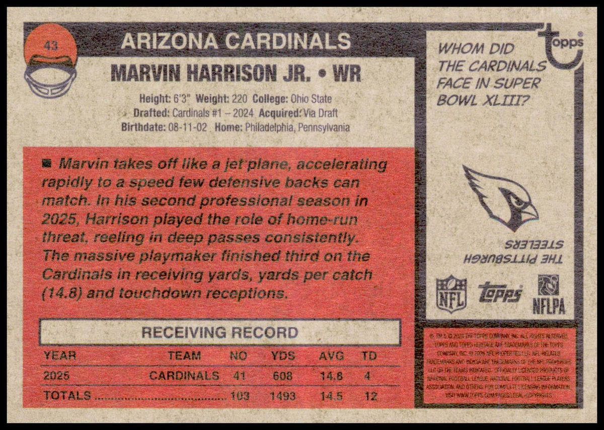 2026 Topps Heritage Marvin Harrison Jr. Card Arizona Cardinals