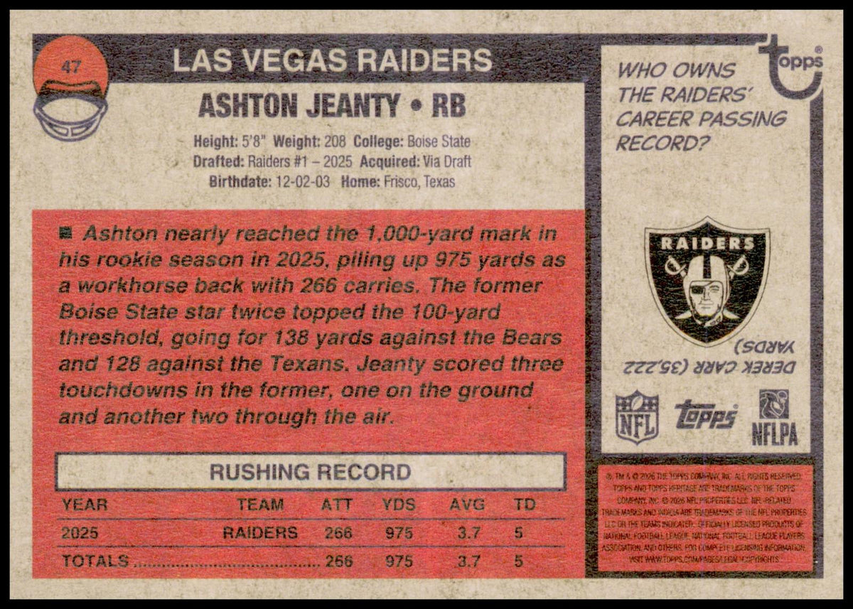 2026 Topps Heritage Ashton Jeanty Card Las Vegas Raiders