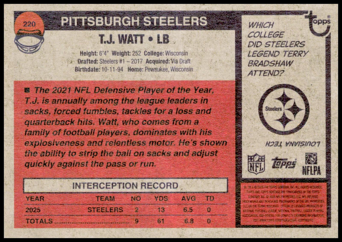 2026 Topps Heritage T.J. Watt Card Pittsburgh Steelers