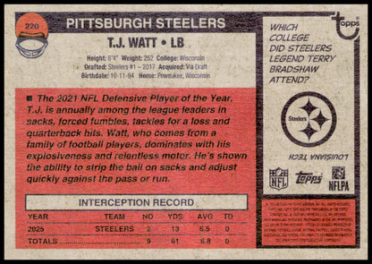 2026 Topps Heritage T.J. Watt Card Pittsburgh Steelers