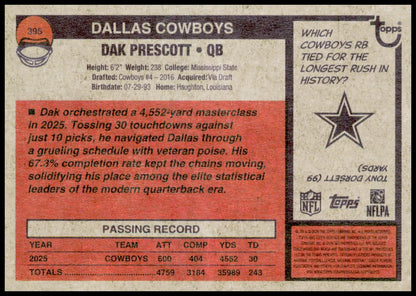 2026 Topps Heritage Dak Prescott Card Dallas Cowboys