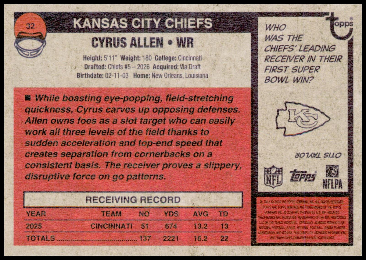 2026 Topps Heritage Cyrus Allen Card RC Kansas City Chiefs