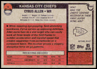 2026 Topps Heritage Cyrus Allen Card RC Kansas City Chiefs