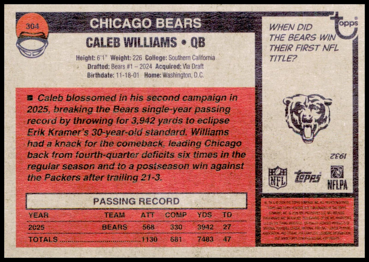 2026 Topps Heritage Caleb Williams Card Chicago Bears