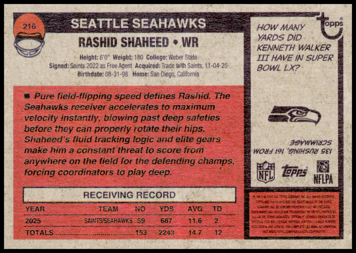 2026 Topps Heritage Rashid Shaheed Card Seattle Seahawks