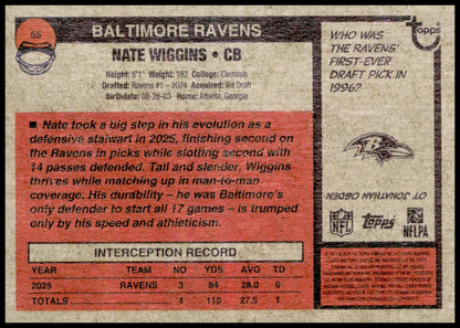 2026 Topps Heritage Nate Wiggins Card Baltimore Ravens