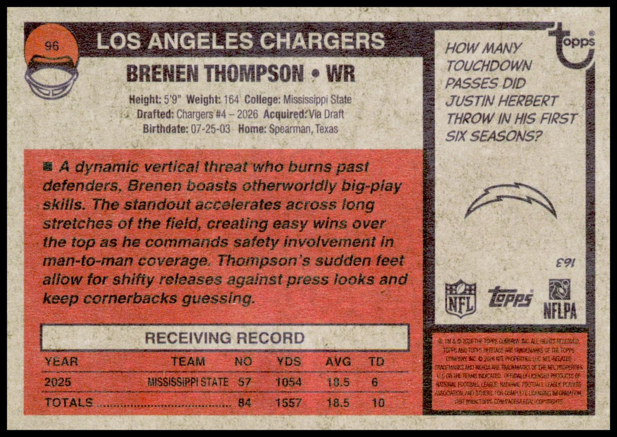 2026 Topps Heritage Brenen Thompson Card RC Los Angeles Chargers
