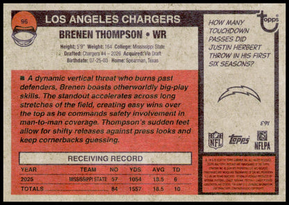 2026 Topps Heritage Brenen Thompson Card RC Los Angeles Chargers