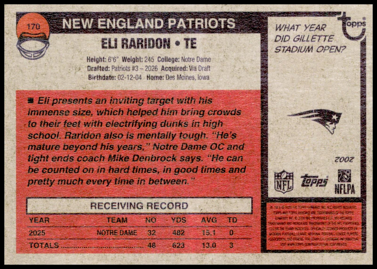 2026 Topps Heritage Eli Raridon Card RC New England Patriots