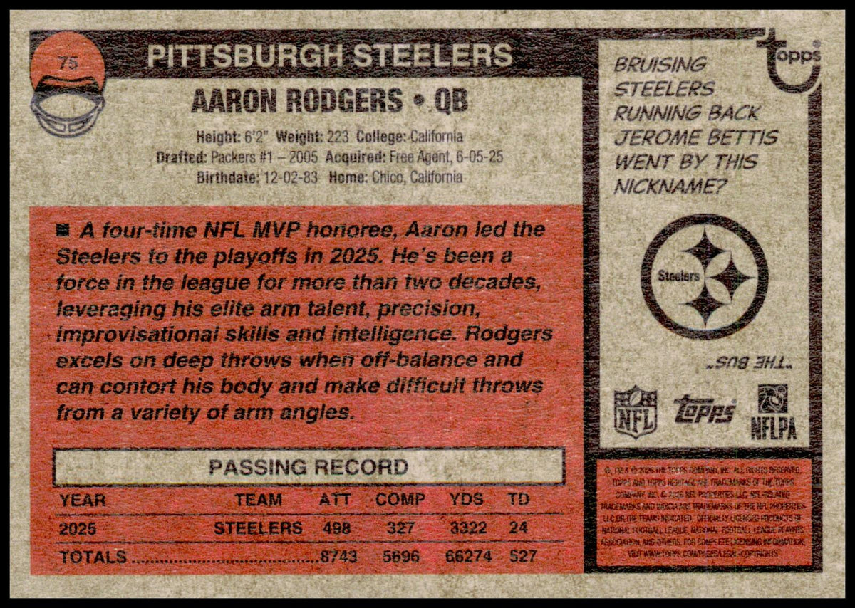 2026 Topps Heritage Aaron Rodgers Card Pittsburgh Steelers