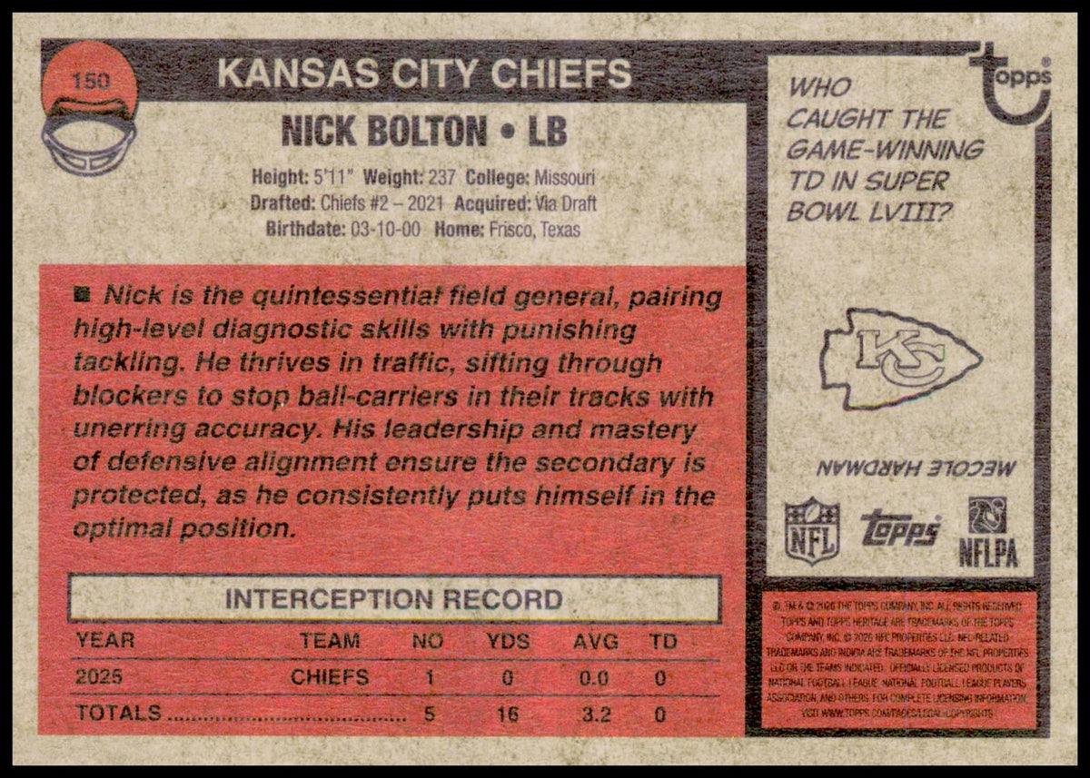 2026 Topps Heritage Nick Bolton Card Kansas City Chiefs