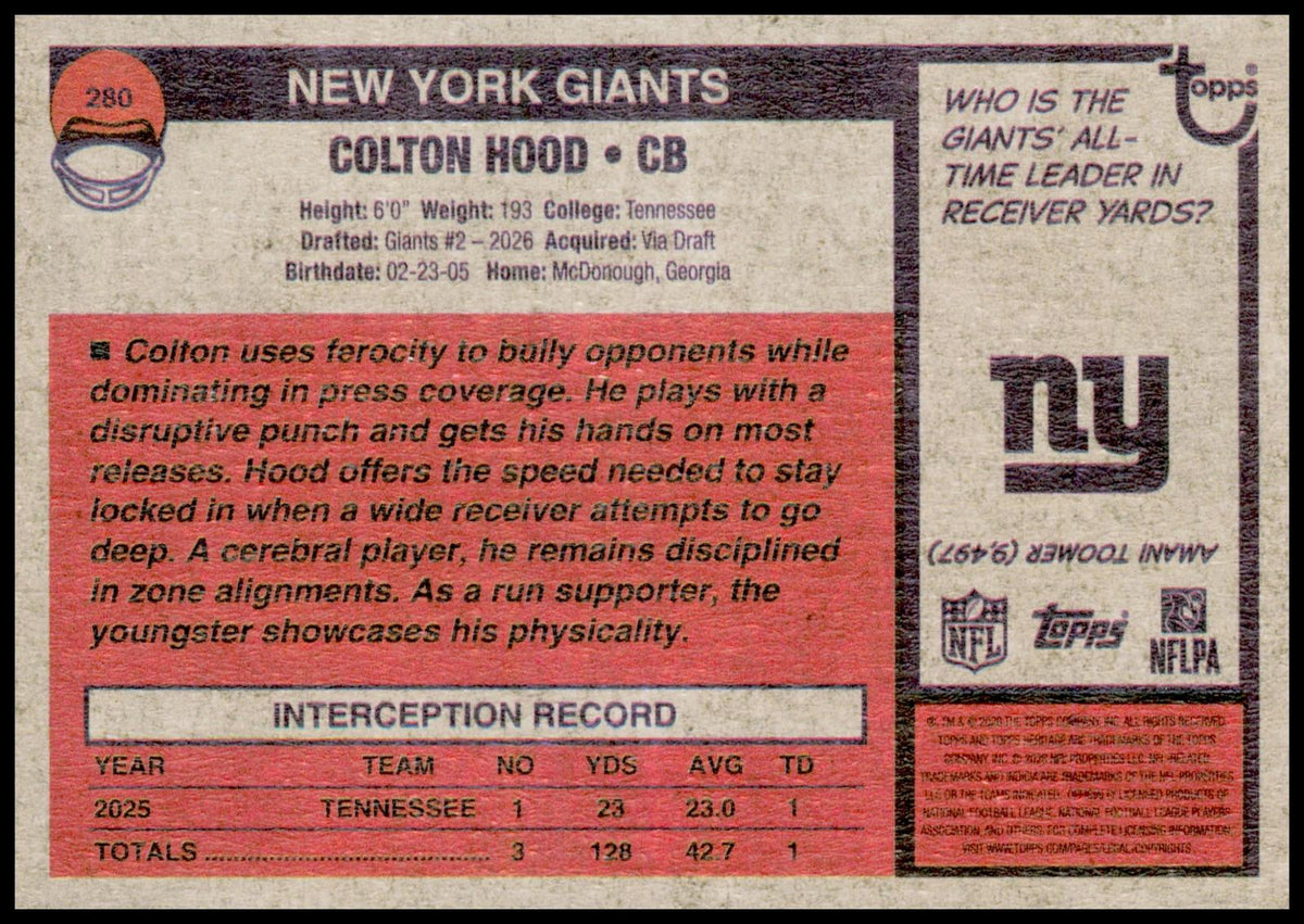 2026 Topps Heritage Colton Hood Card RC New York Giants