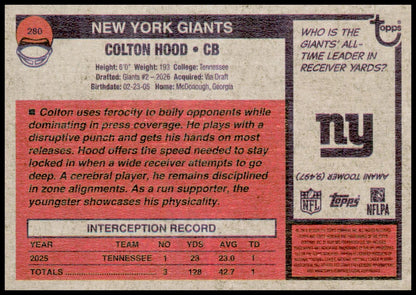 2026 Topps Heritage Colton Hood Card RC New York Giants