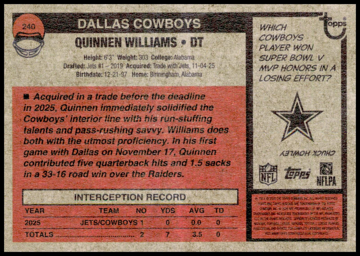 2026 Topps Heritage Quinnen Williams Card Dallas Cowboys