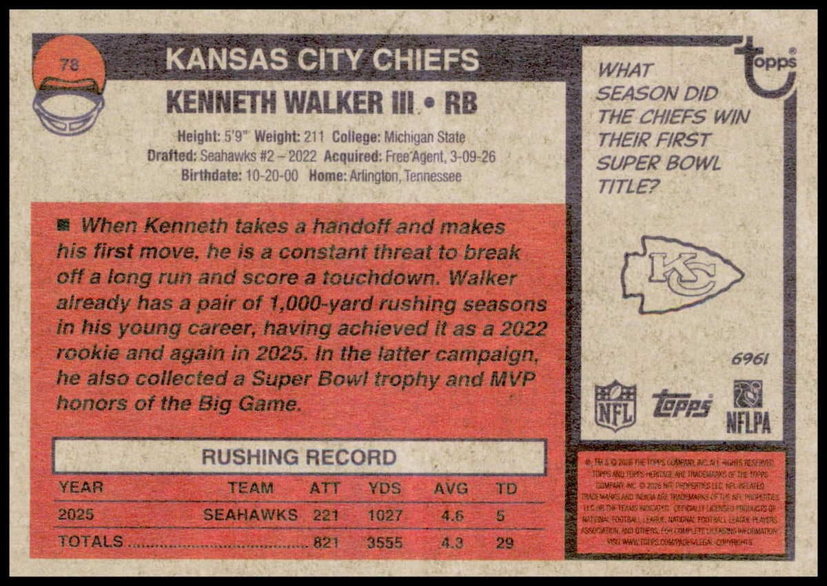 2026 Topps Heritage Kenneth Walker III Card Kansas City Chiefs