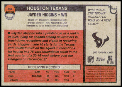 2026 Topps Heritage Jayden Higgins Card Houston Texans