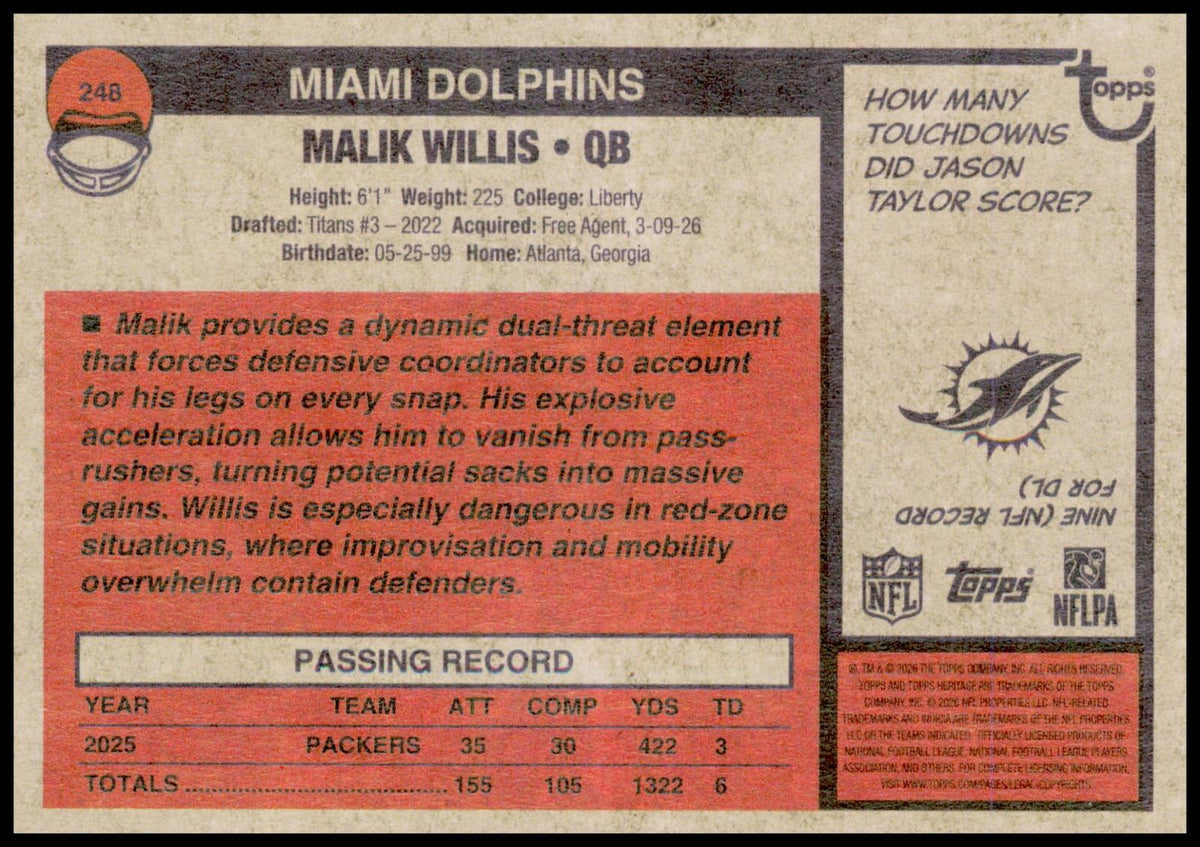 2026 Topps Heritage Malik Willis Card Miami Dolphins