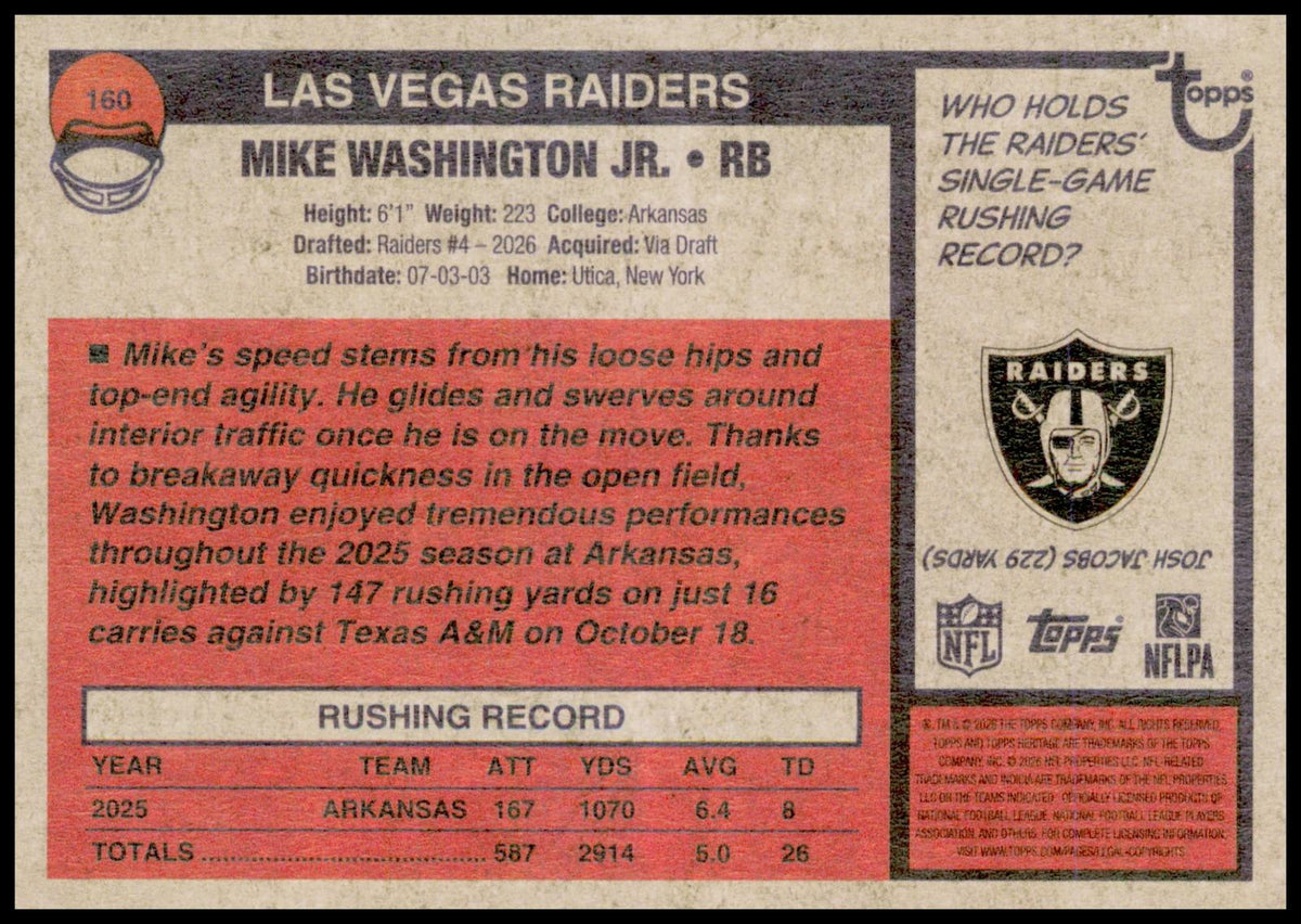 2026 Topps Heritage Mike Washington Jr. Card RC Las Vegas Raiders