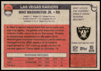 2026 Topps Heritage Mike Washington Jr. Card RC Las Vegas Raiders