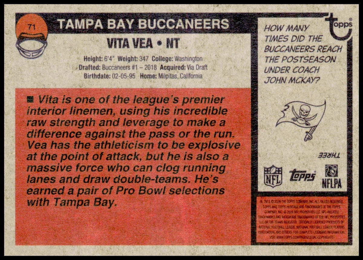 2026 Topps Heritage Vita Vea Card Tampa Bay Buccaneers Green Boarder